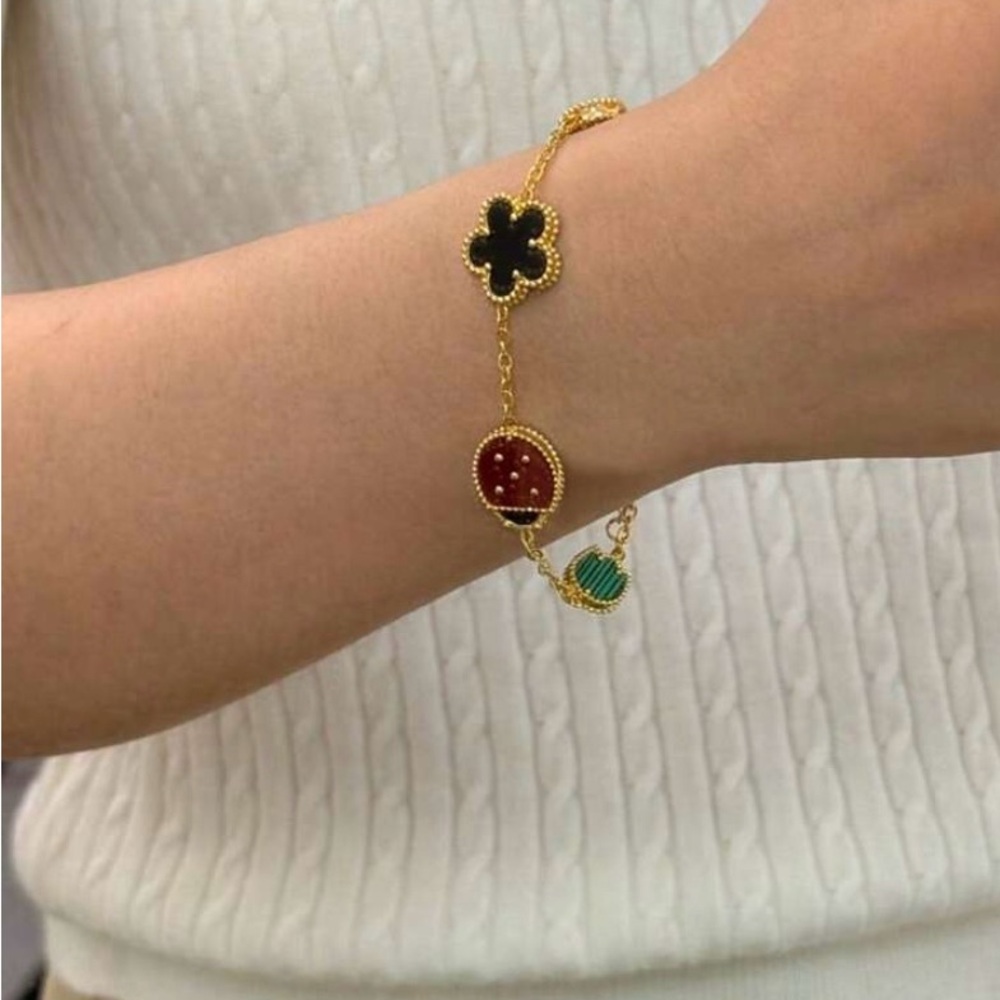 Gold Multi-Color Clover & Ladybug Charm Bracelet - Women Jewelry
